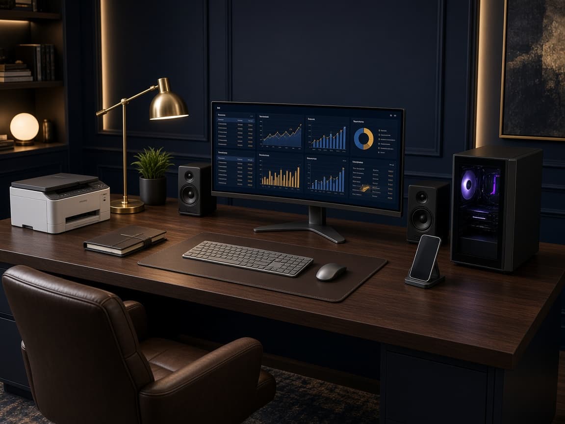 Bureau de luxe complètement équipé avec écran incurvé, unité centrale, clavier et souris sans fil, imprimante et accessoires